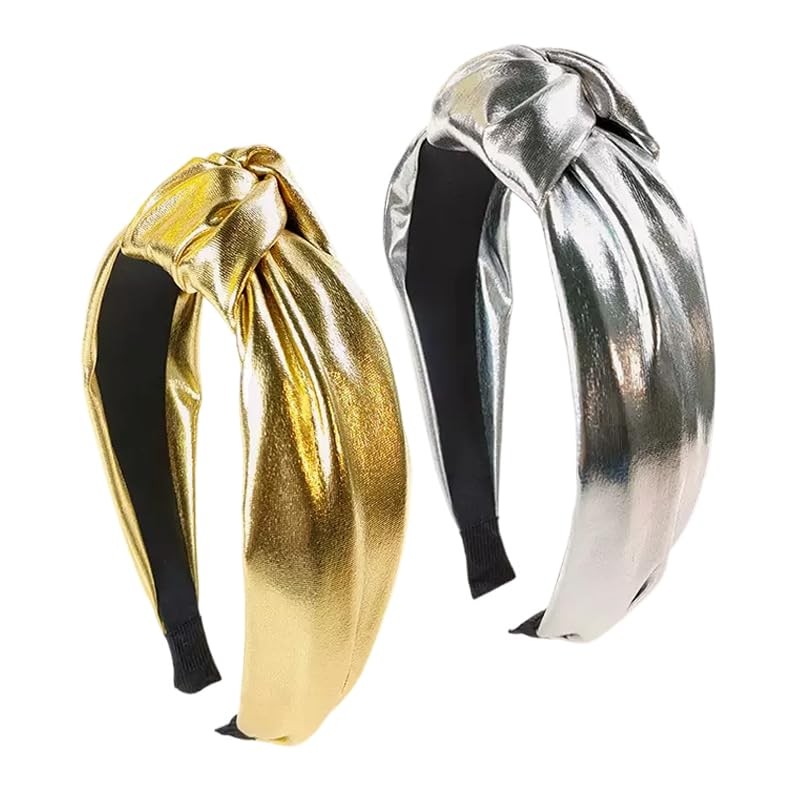 Punk Knotted Wide Headband 2PCS PU Silver and Gold Fashion Elastic Hair Acces…