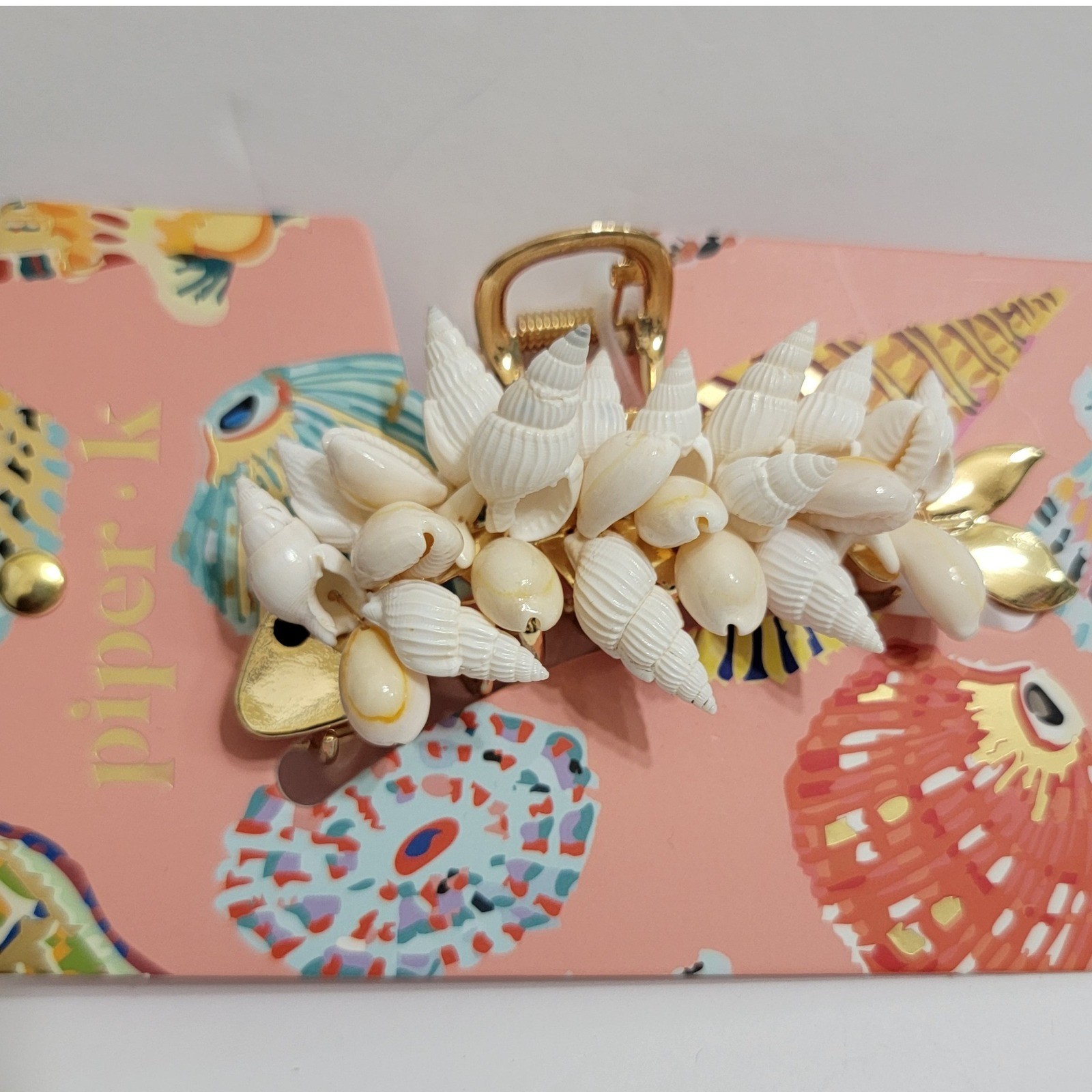 Piper K Fish Claw Hair Clip Gold Tone White Seashells Coastal Beach Nautical