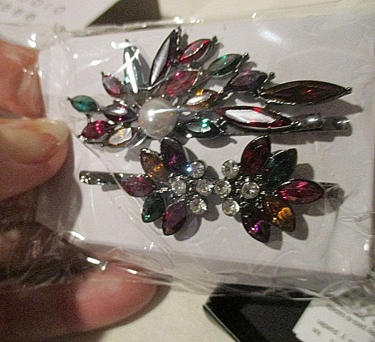 AVON Stained Glass Bloom Hair Pin Set Marquise-cut Glass Stones Set in Hematite