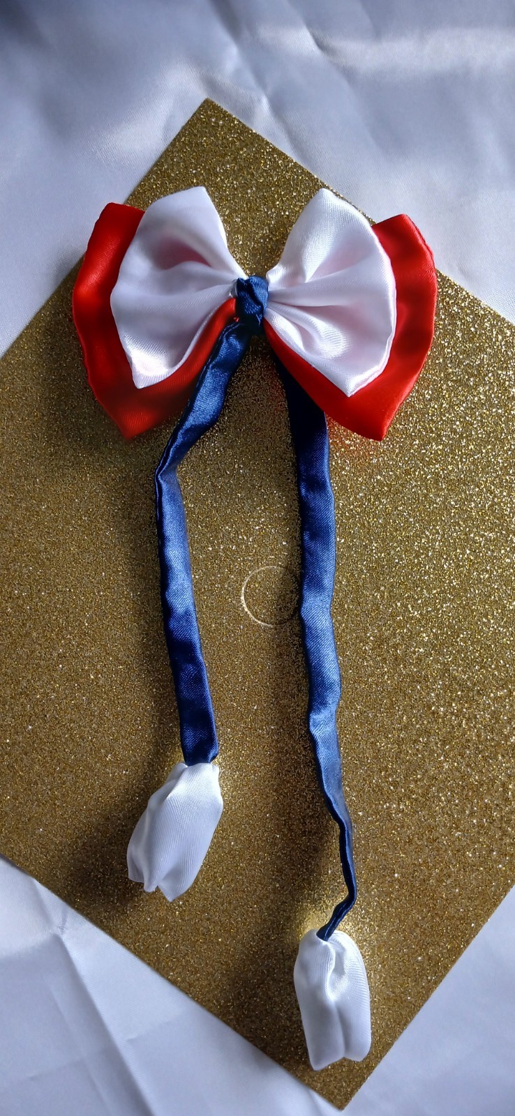 Set of 2 Red & White Satin Bow Hair Clip Barrettes w/ Long Blue Ribbon Tails