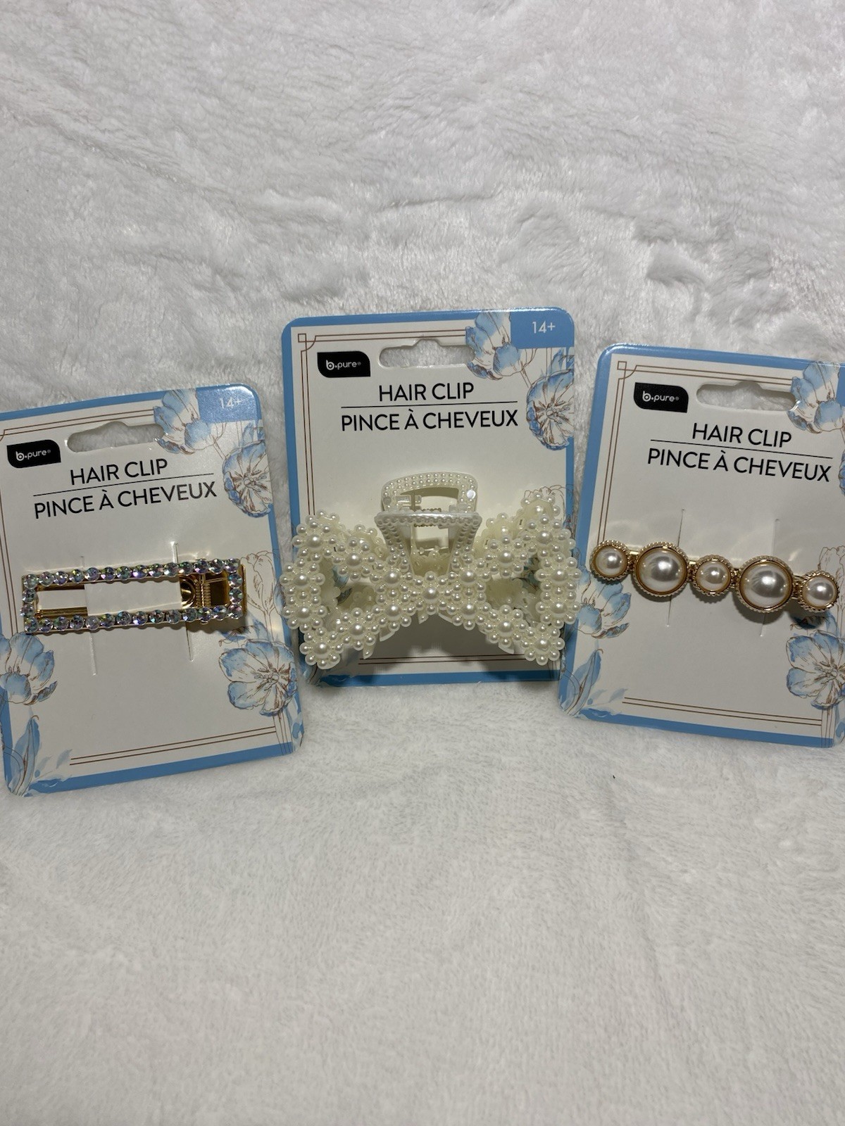 b.pure Women’s 3pc Hair Clip Set Pearl Rhinestone Bow, White & White w/Rose Gold