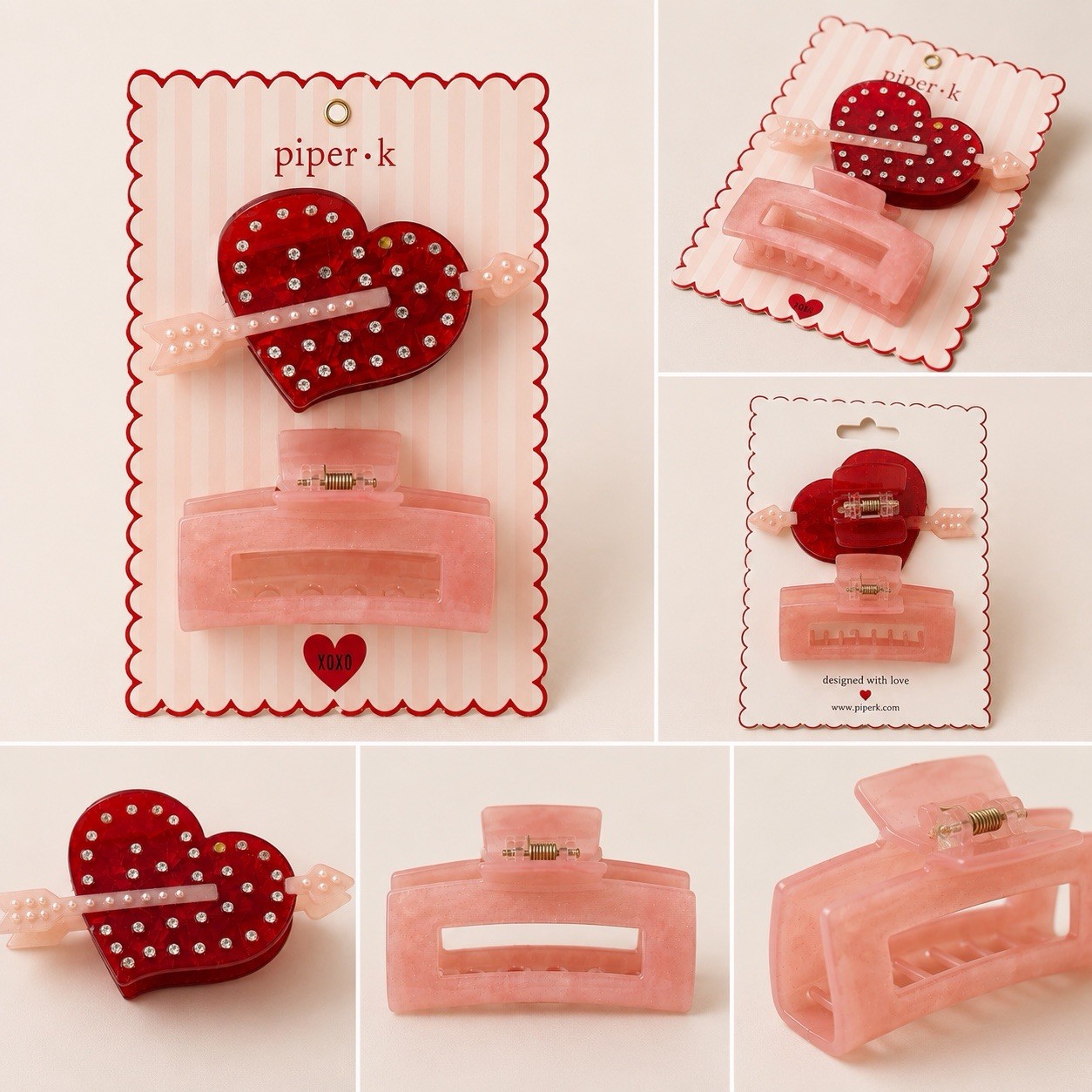 piper·k Heart Rhinestone Hair Clip Set, Solid Pattern, Pink Claw Clips