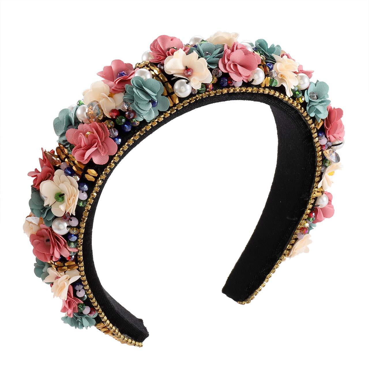 Baroque Crystal Rhinestone Headbands Flower Padded Hairbands for Women Floral