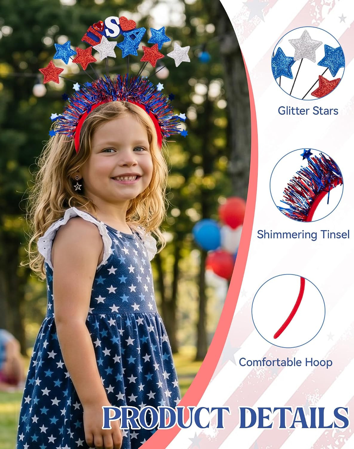 4Th of July Headband, Patriotic USA Hair Accessories Red White Blue Star Tinsel