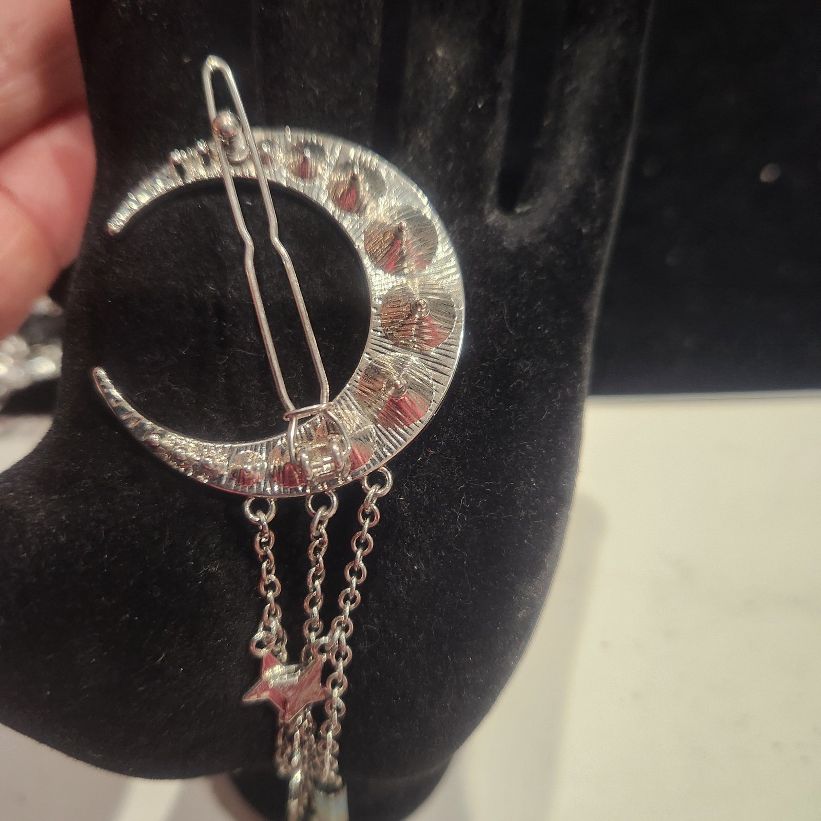 Celestial Silver Crescent Moon Hair Clip Iridescent Rhinestones Star Chain Drop