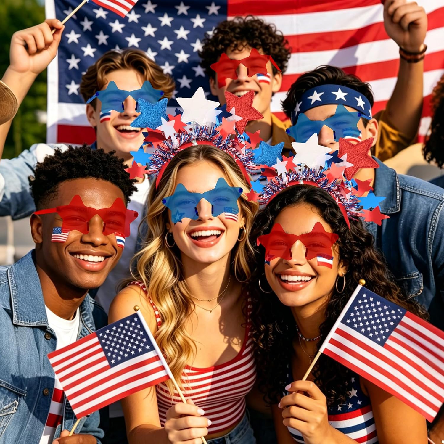 Patriotic Star Headband with Tinsel & Star Sunglasses – Red White Blue Accessori