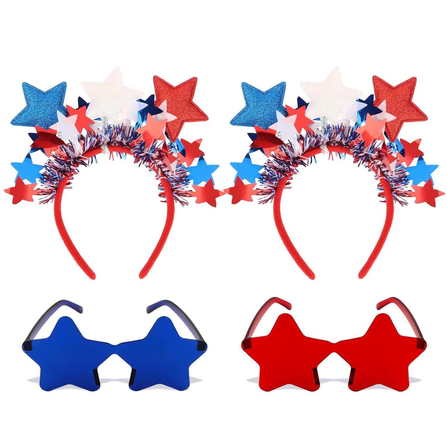 Patriotic Star Headband with Tinsel & Star Sunglasses – Red White Blue Accessori