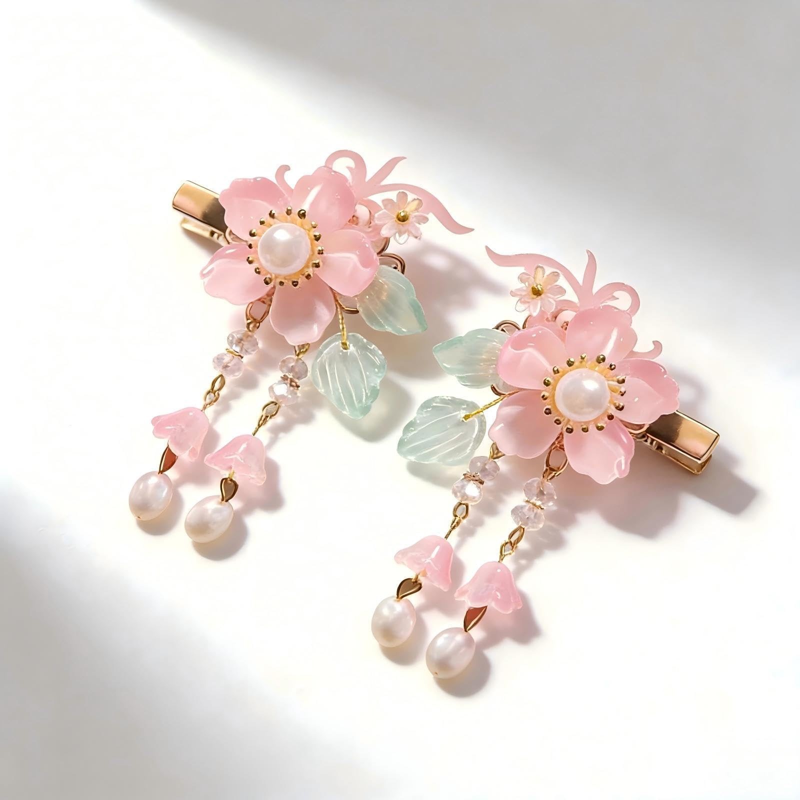 Vintage Pink Flower Hair Clips – 2Pcs Sakura Alligator Hair Clips Tassel Pearl H