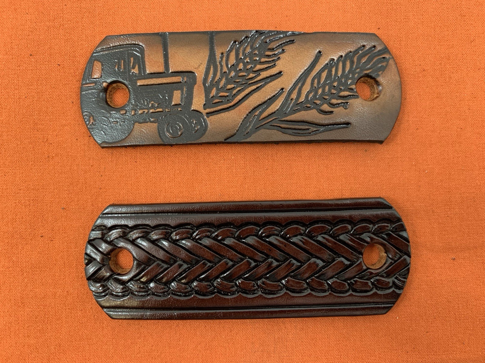 2 Leather Hair Barrettes w Sticks, Ponytail, Farm Tractor Corn, Handcrafted #249