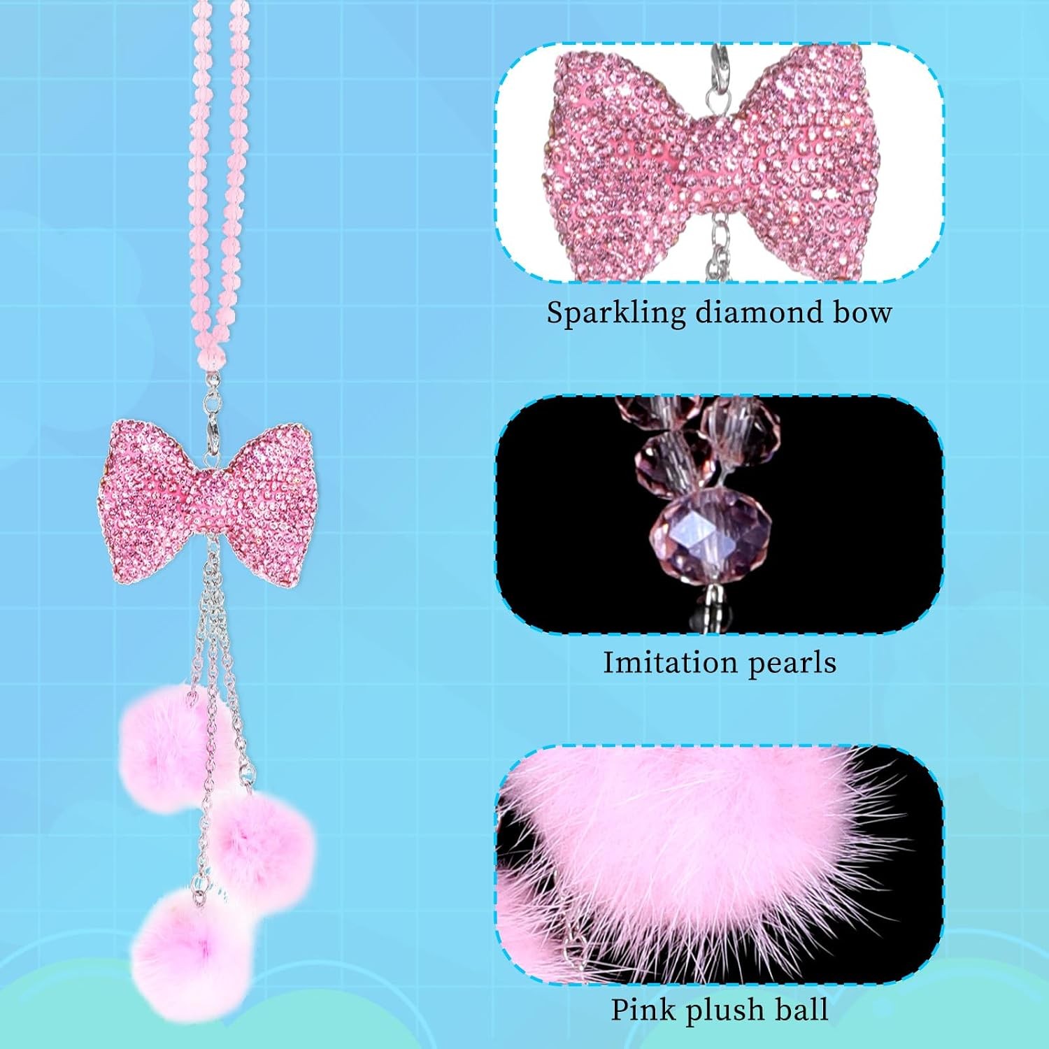 Pink Bling Car Mirror Hanging Charm Rhinestone Bow Beads Plush Ball Decor Gift