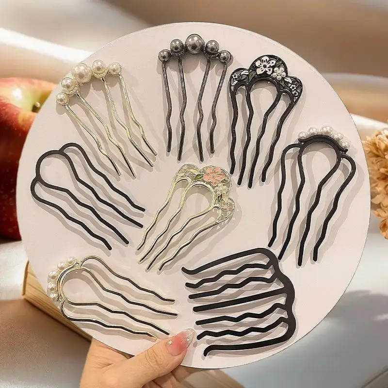 Metal U-shaped Hair Fork Combs Pearl Tassel Sticks Clip Hairpins for Women