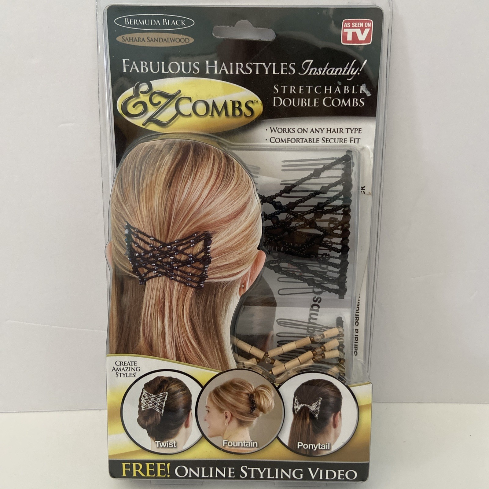 EZ Combs Stretchable 2 In Box Any Hair Type Black/Tan Mult. Styles As Seen On TV