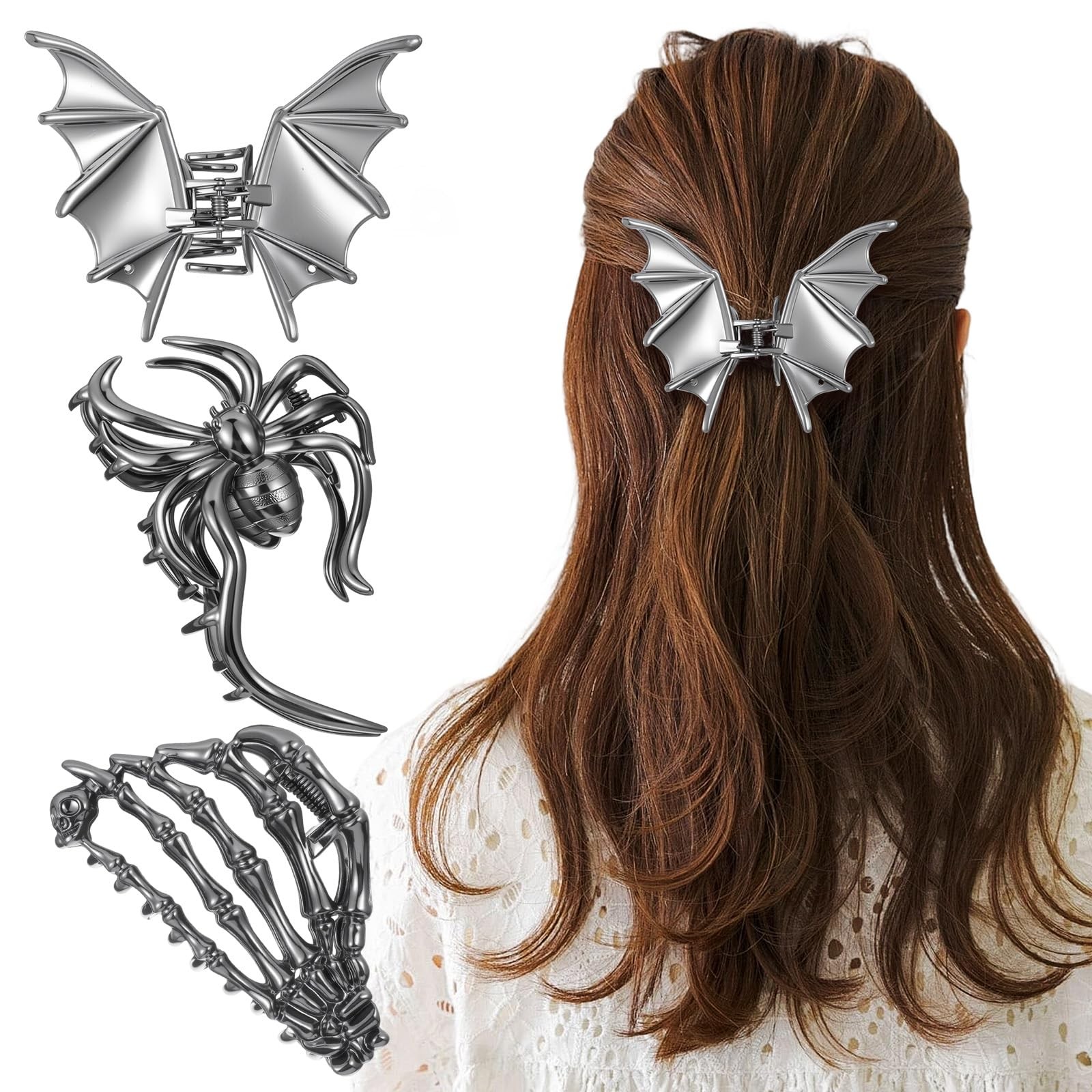 KFHENSOMR 3Pcs Large Metal Spider Bat Hand Hair 1 Count (Pack of 3), Black