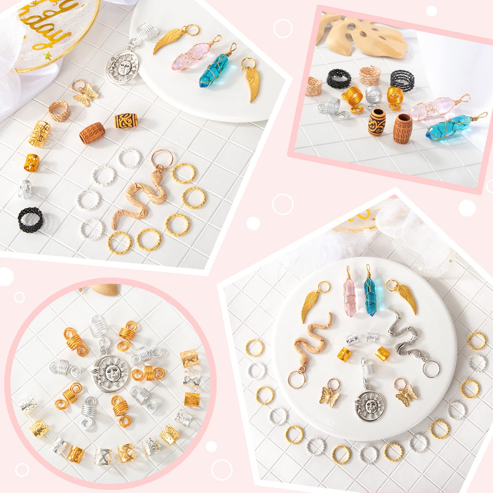 200pcs Hair Beads Jewelry, Dreadlocks Gem Crystal Charms, Metal Coils Rings, Gol