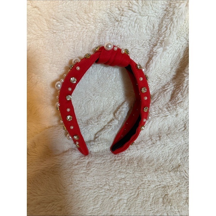 Red Knotted Headband with Faux Pearls and Crystal Rhinestone Embellishments