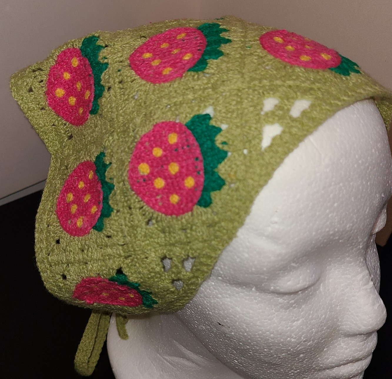 Boho Crochet Bandana Strawberry Cottage Core Hippie Hair Scarf Green