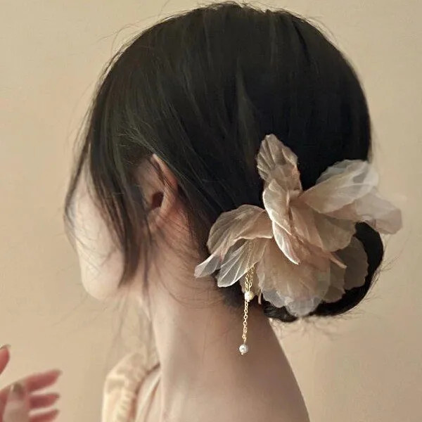 Chinese Floral Hairpin with Tassels Modern Hanfu Style Hair Stick Stylish Brida