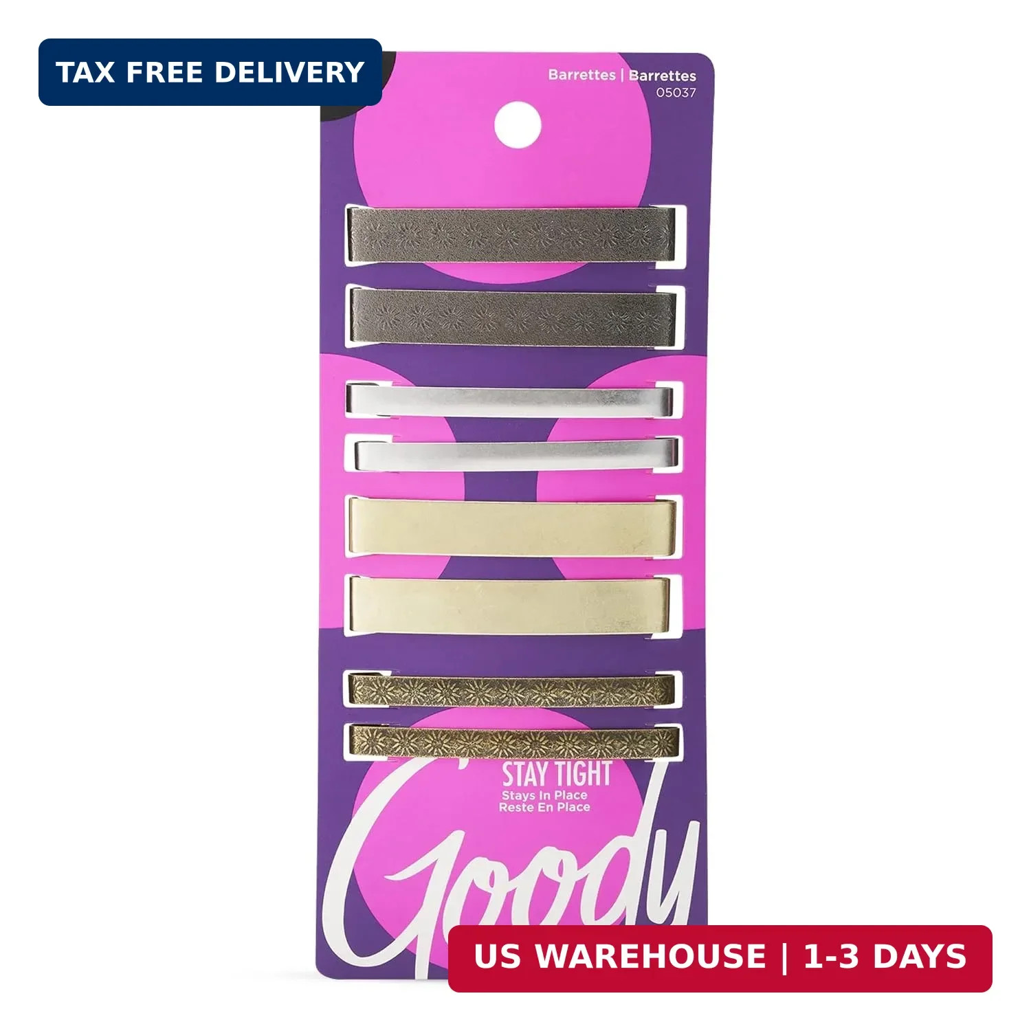 Goody Stay Tight Hair Barrettes – 8 Ct, Assorted Metallic Colors, Non-Slip Flat