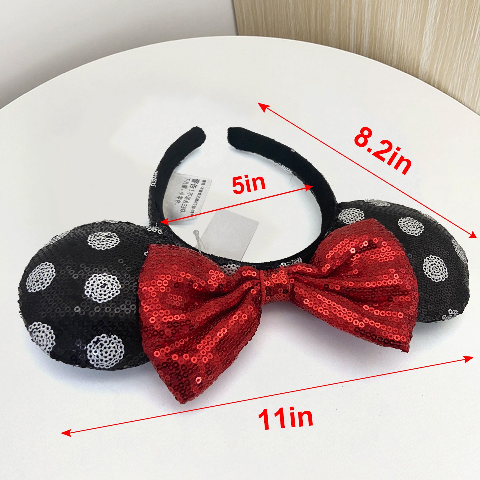 Disney-Parks Minnie Mouse Sequined Black White Polka Dot Red Bow Ears Headband-