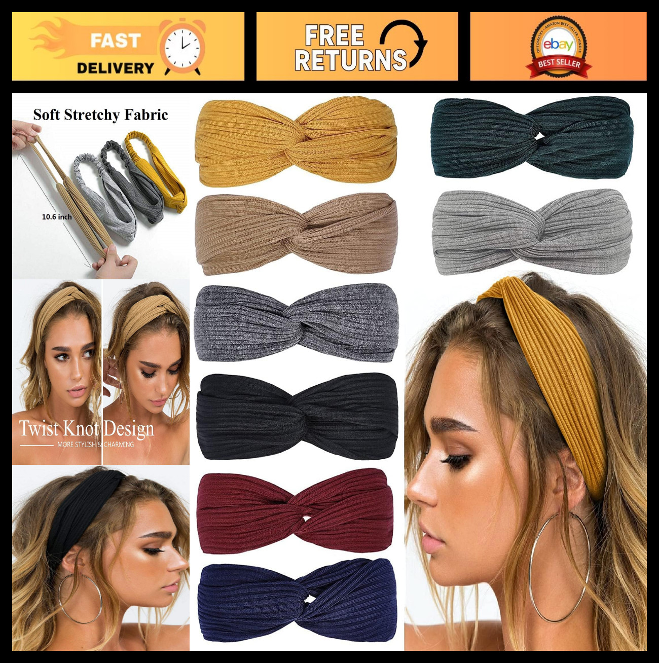 Twist Knotted Headbands for Women – Boho Stretchy Non-Slip Hair Bands, Yoga & Wo