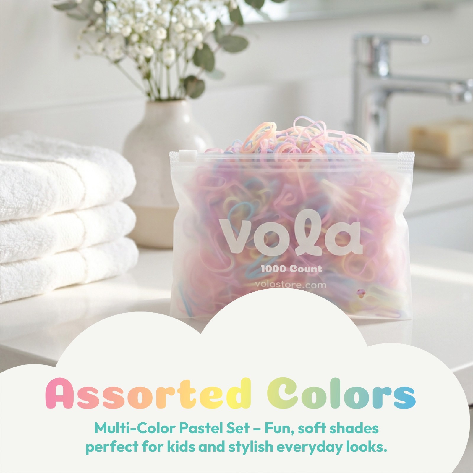 VOLA Elastic Hair Bands Kids and Adults 1000 Ct, Pastel Assorted Colors