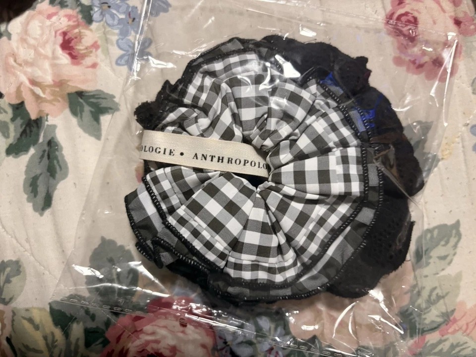 Anthropologie Women’s Black & White Gingham Lace Fabric Hair Scrunchie