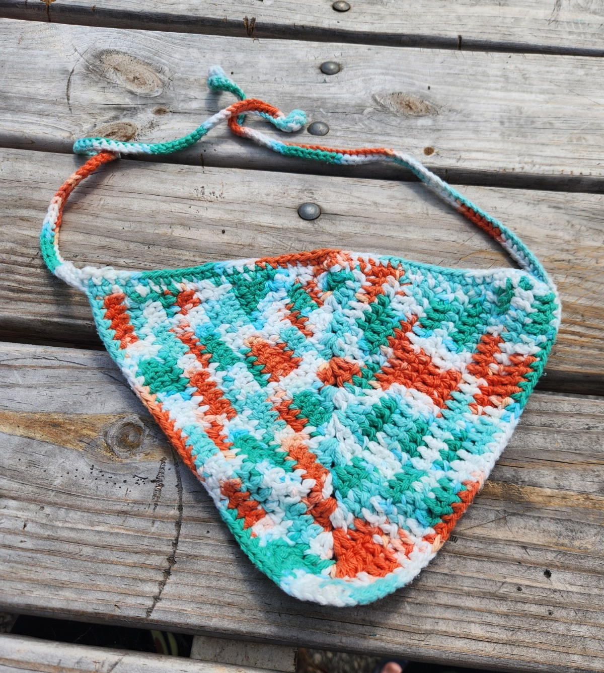 Crochet Knit Triangle Bandana Headband, Multicolor Striped, Adjustable Boho
