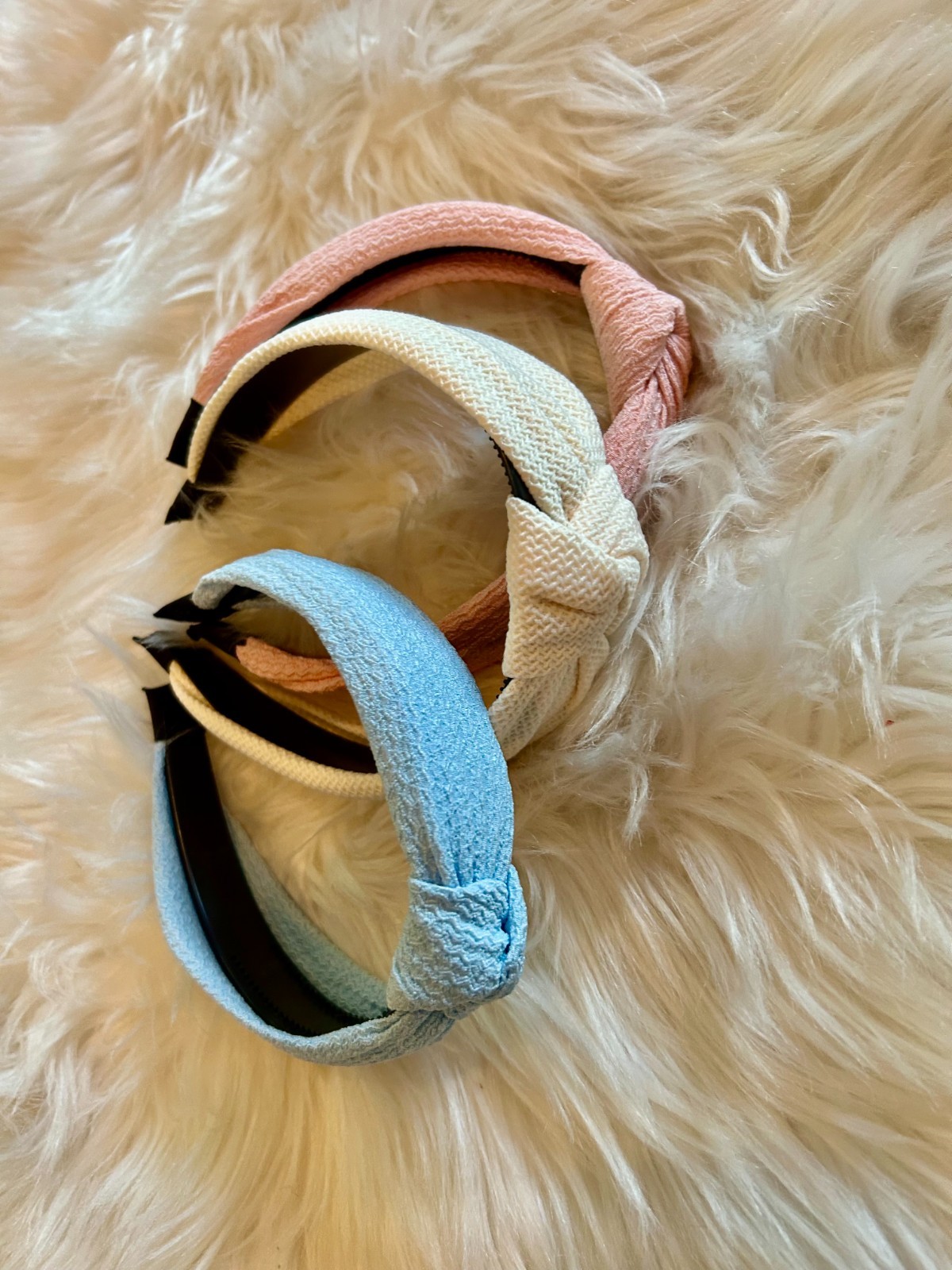 Lot of 3 Fabric Knotted Headbands Blue, Beige and Pink