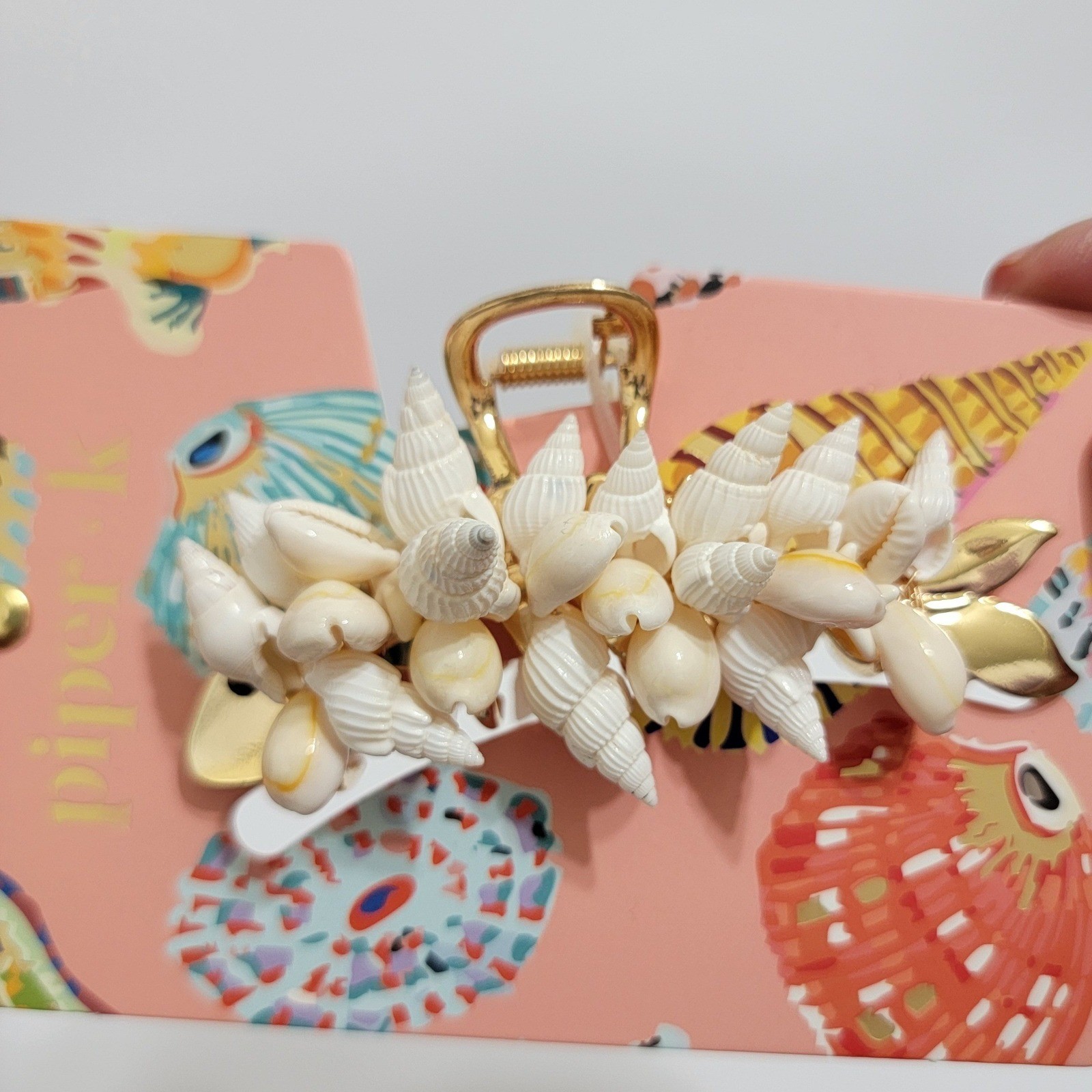 Piper K Fish Claw Hair Clip Gold Tone White Seashells Coastal Beach Nautical