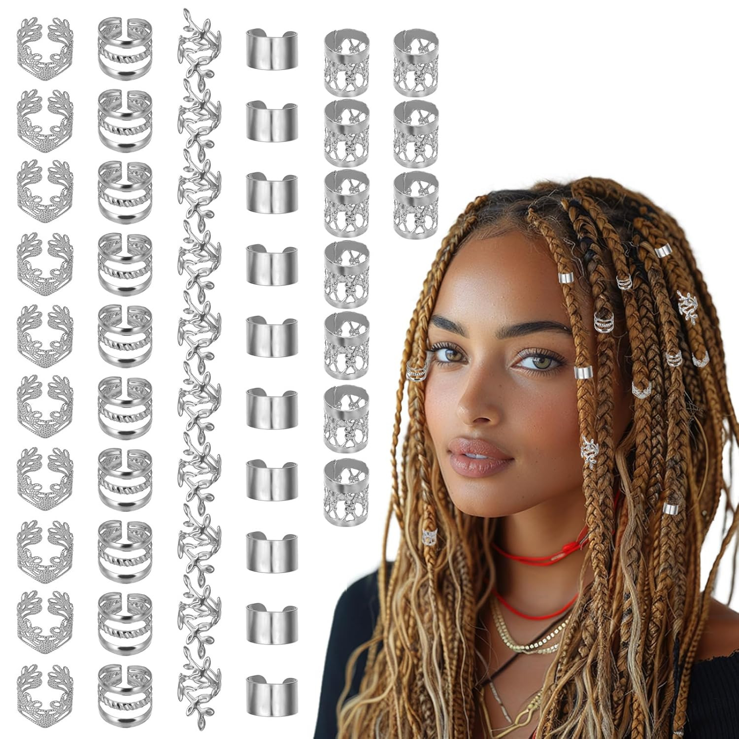 50PCS Silver Hair Jewelry for Braids Dreadlocks Hair Cuffs Beads Charms for Wome