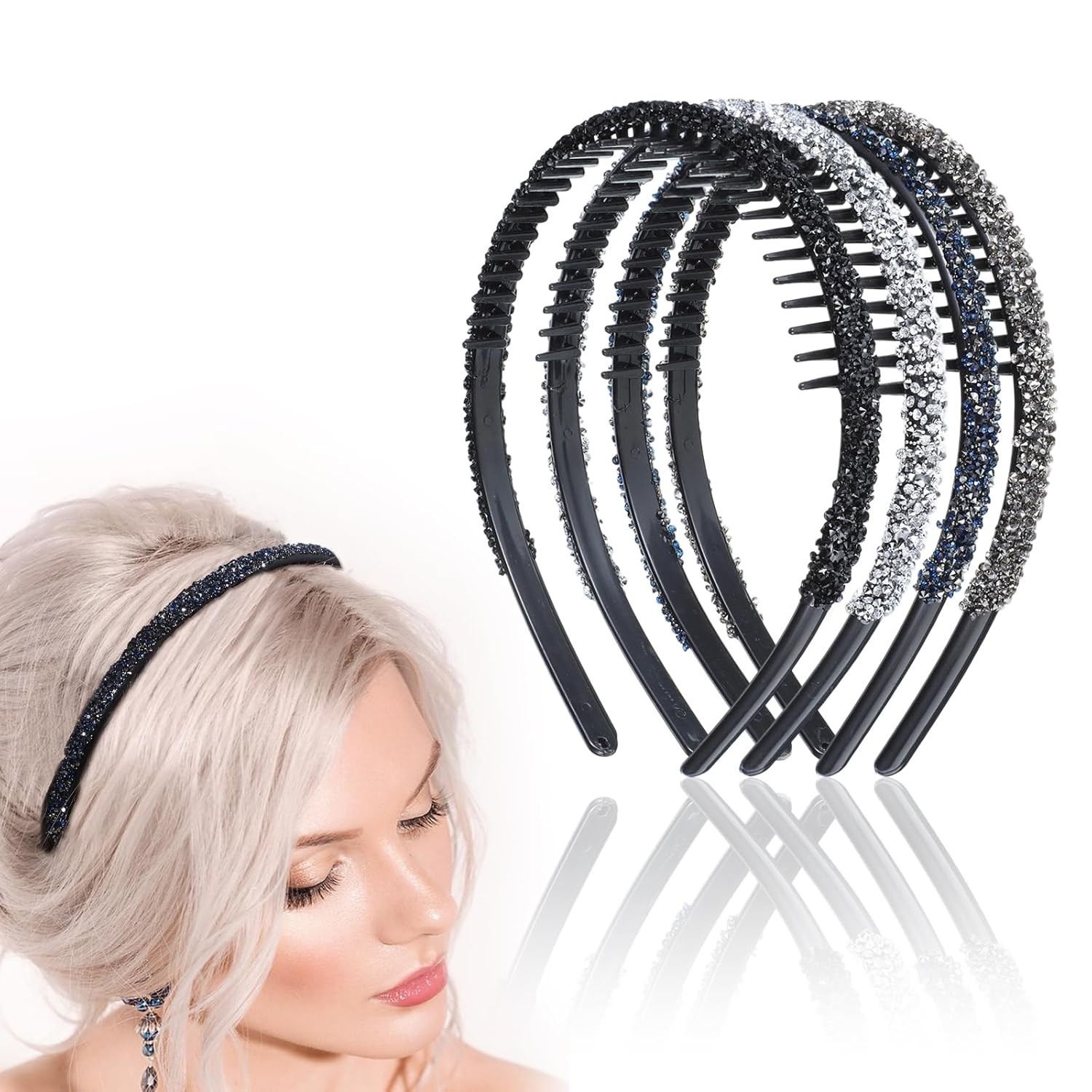 Rhinestone Headband for Women 4 Pcs Christmas Crystal Headband with Teeth Glitte