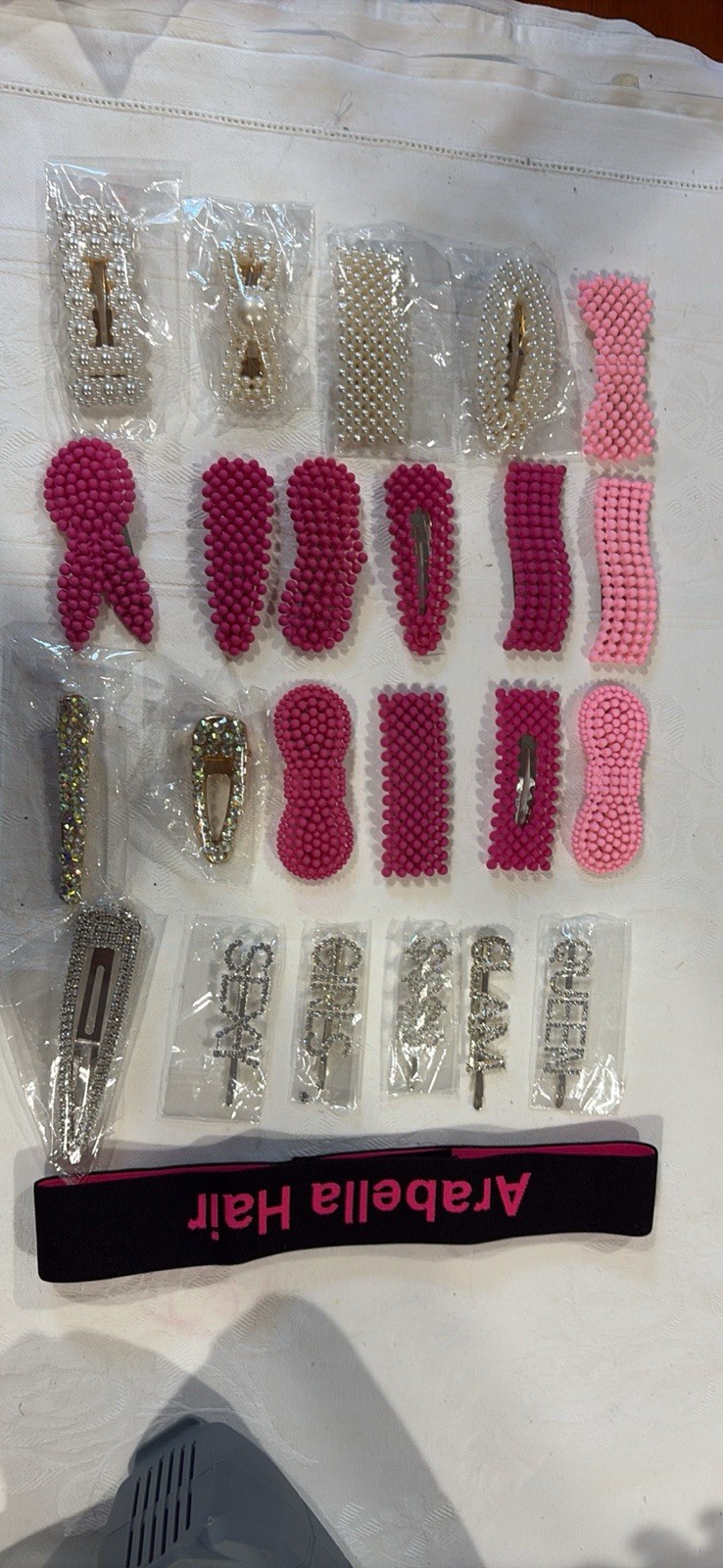 Arabella Hair Beaded Rhinestone Pearl Bow Hair Clip Set Pink White Silver