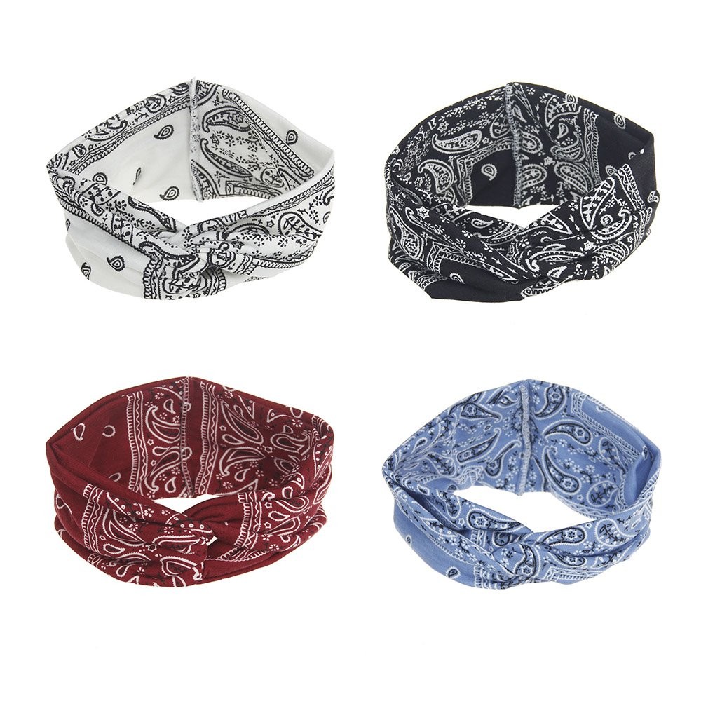 DINPREY Assorted Paisley Print Wide Bandana Knot Headbands Criss Cross Head W…