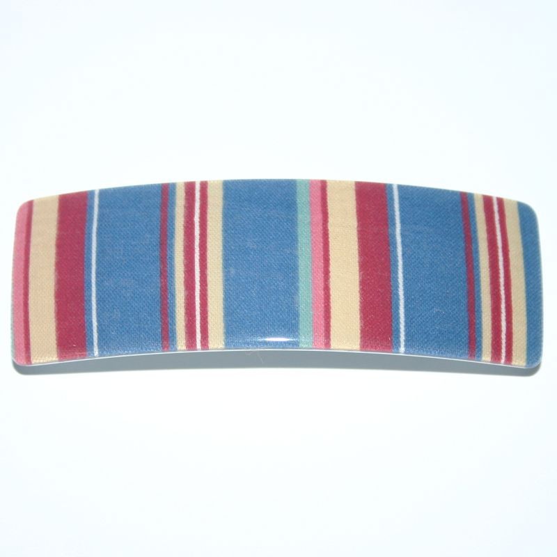 Barrette Metal Hair Clip Blue Pink Beige Stripes Print Retro New Made in France