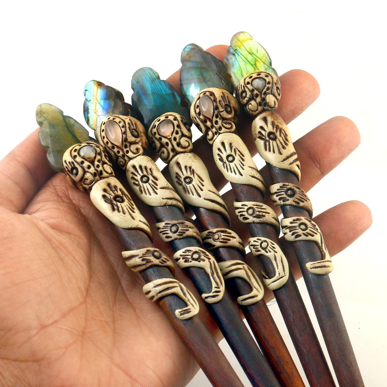 Labradorite Hair Stick Lot – Handmade Cabochon, Boho Crystal Hair Accessory