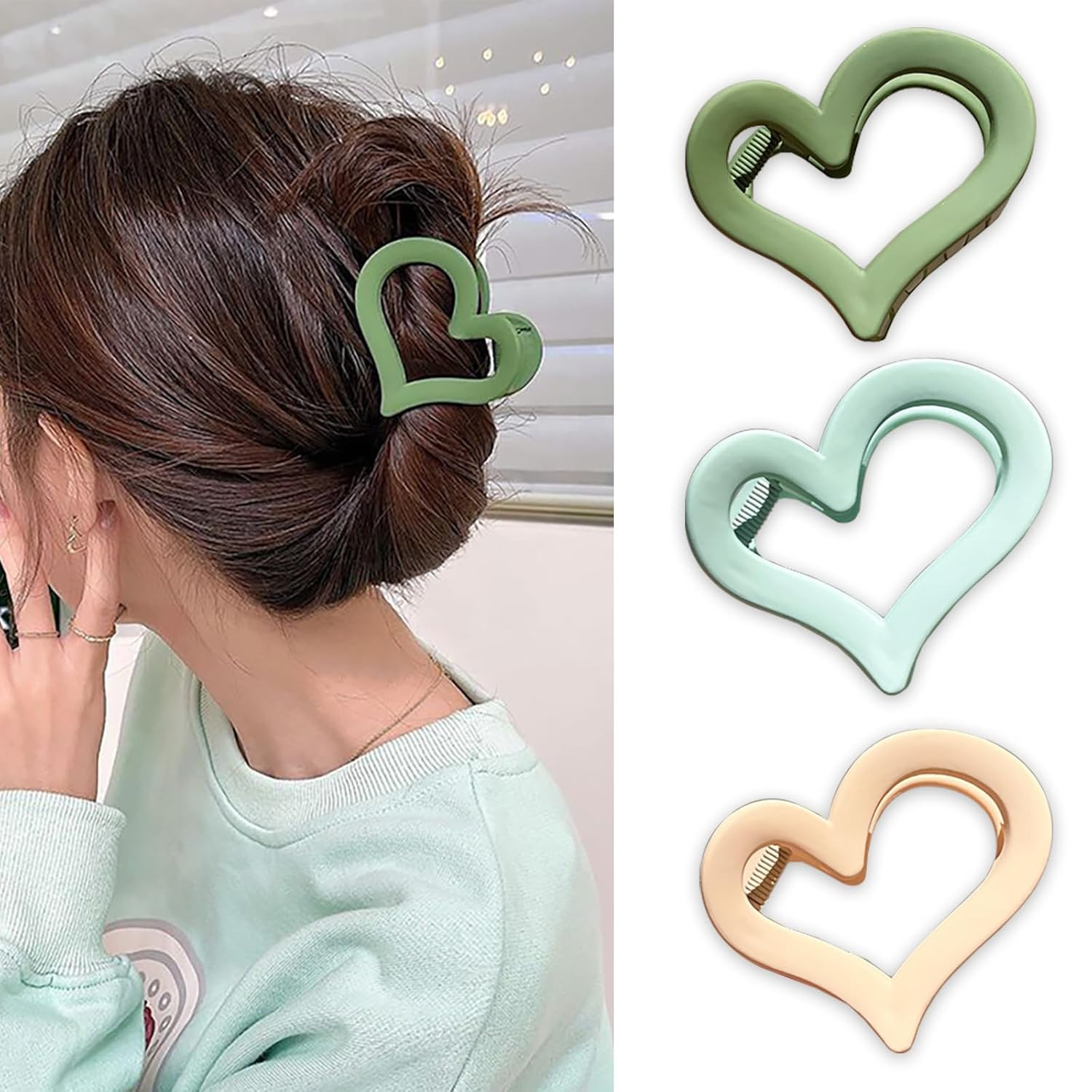 3Pcs Heart Hair Claw Clips for Women, Medium Matte Acrylic Non-Slip Hair Clips f