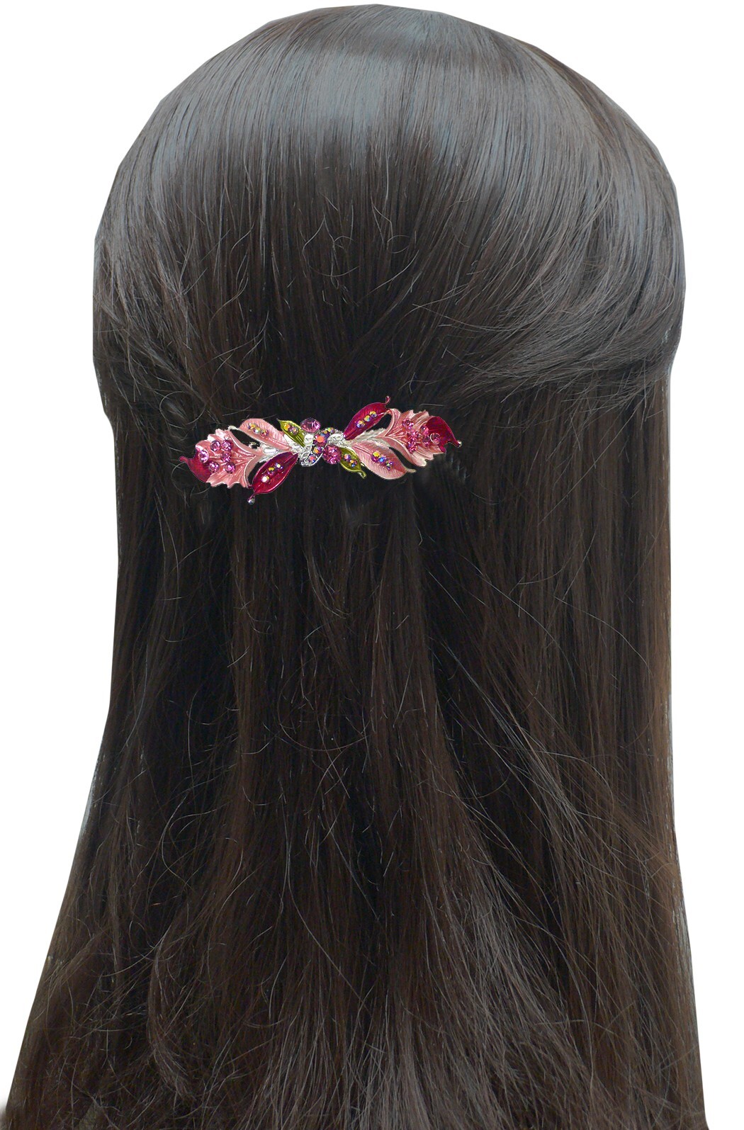 Bella Med Large Barrette Flower & Leaves Hair Clip Sparkly Rhinestone YY86800-3