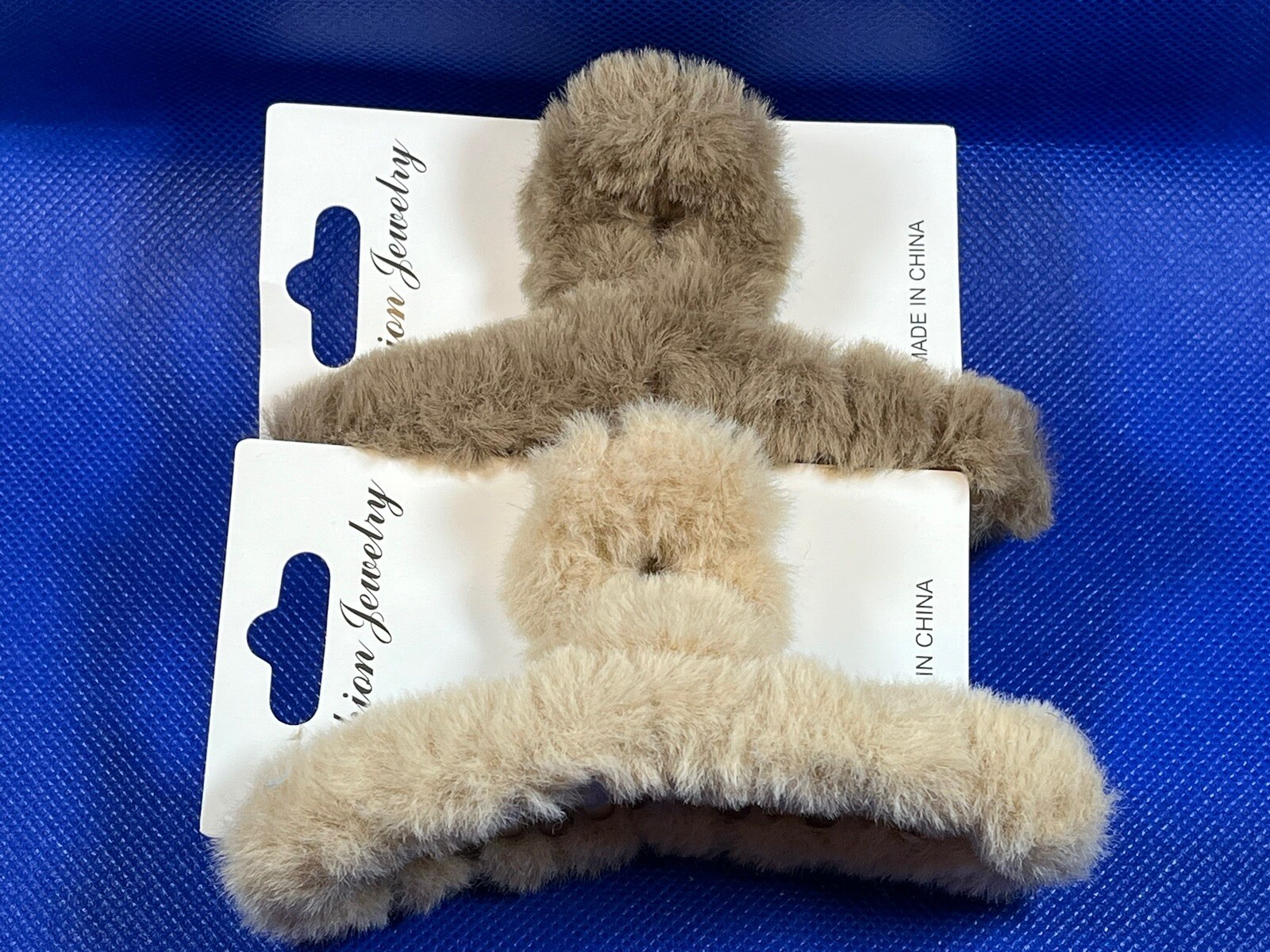 Brown & Tan Faux Fur Fuzzy Hair Accessory Hair Jaw Claw Clip Hair Tie Set Of 2