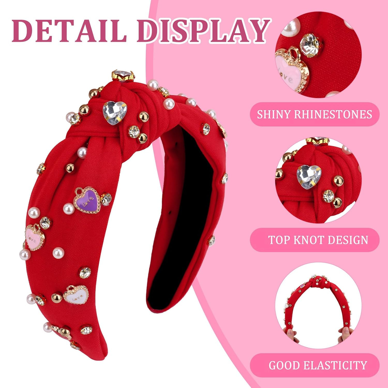 2 PCS Valentines Headbands for Women Cute Heart Knot Hairband White Pearl Rhines