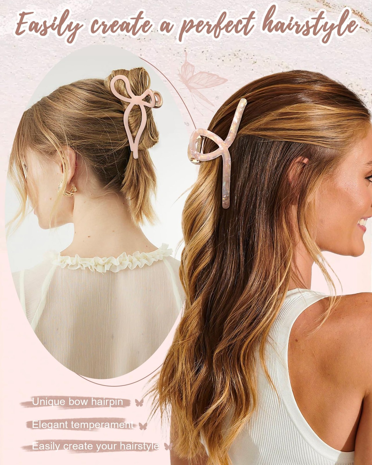 3 PCS Metal Acrylic Hair Bow Claw Clips Strong Hold Non Slip Large Gold Thick