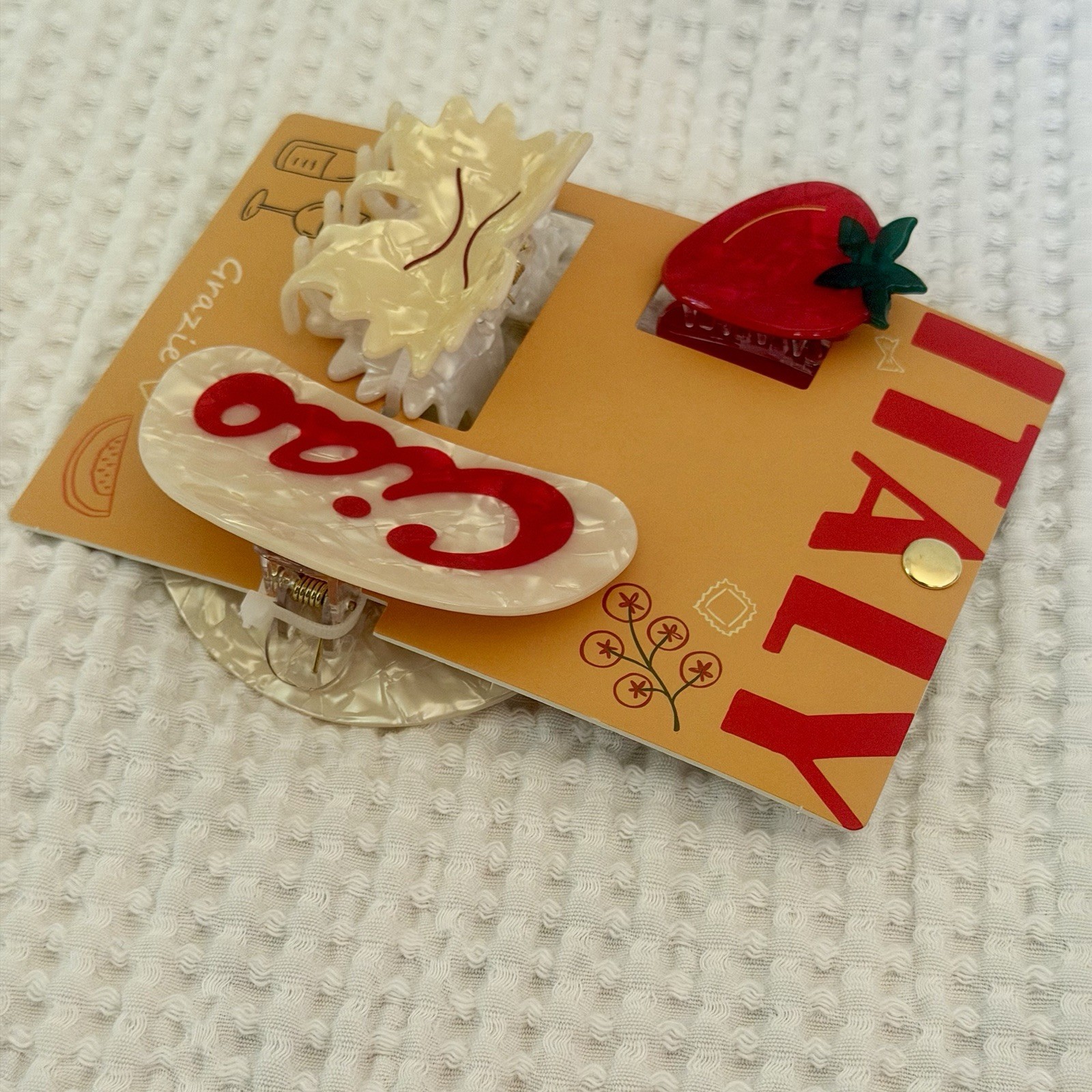 Italian Theme Hair Clips 3pc Red Tomato Pearlescent Farfalle Bowtie Pasta Ciao