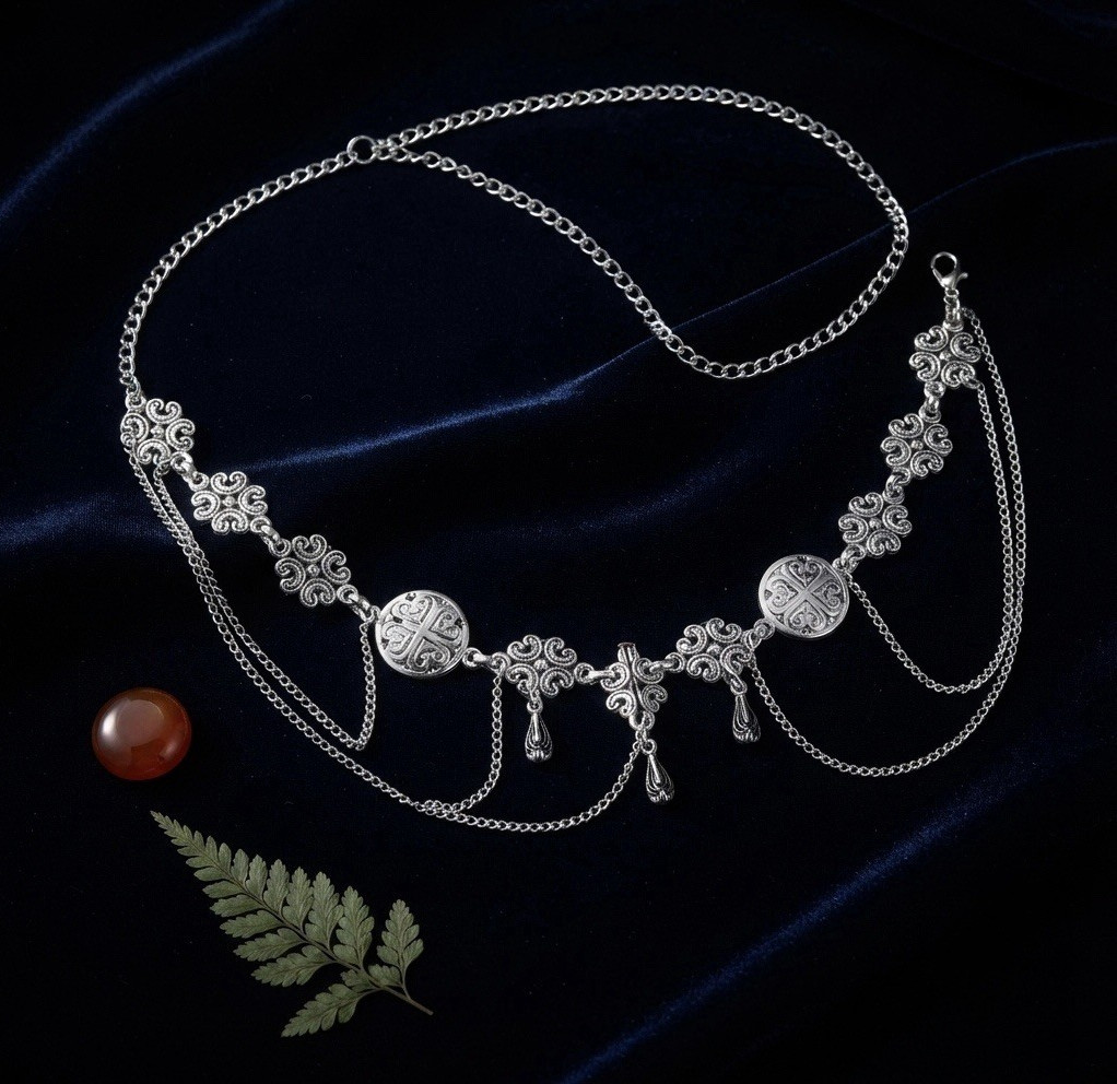 Silver Filigree Chain Headpiece Forehead Hair Jewelry w/ Charms, Adjustable