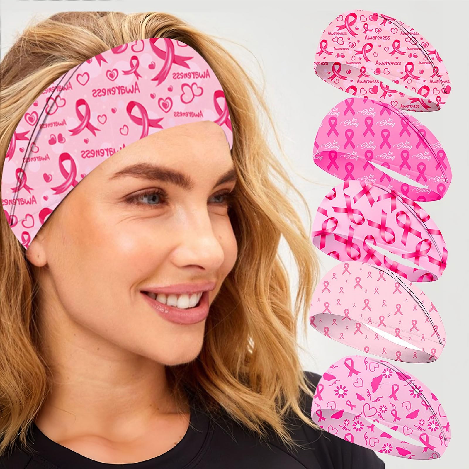 5 PCS Pink Ribbon Breast Cancer Awareness Headbands Elastic Wide Hair Band