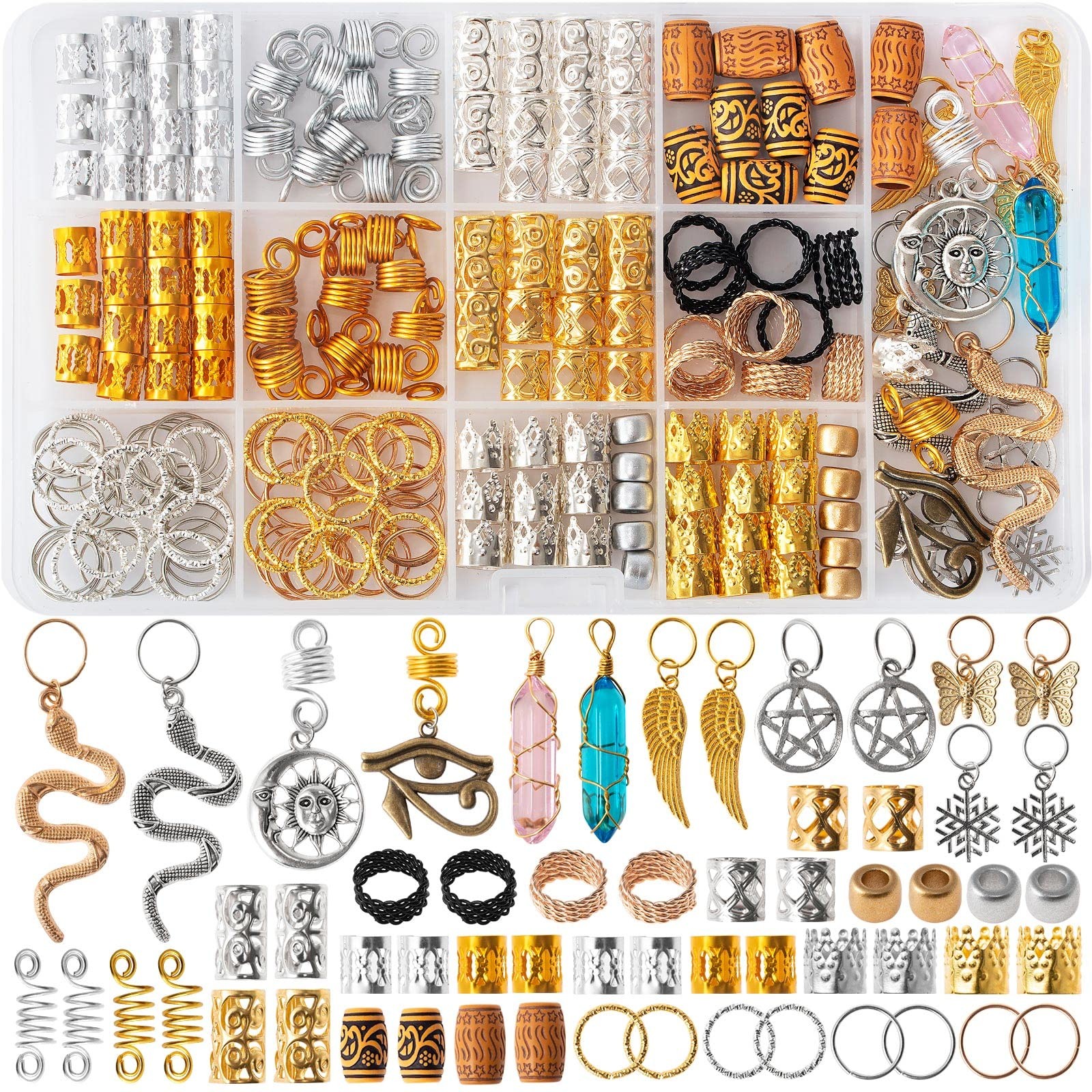 200pcs Hair Beads Jewelry, Dreadlocks Gem Crystal Charms, Metal Coils Rings, Gol