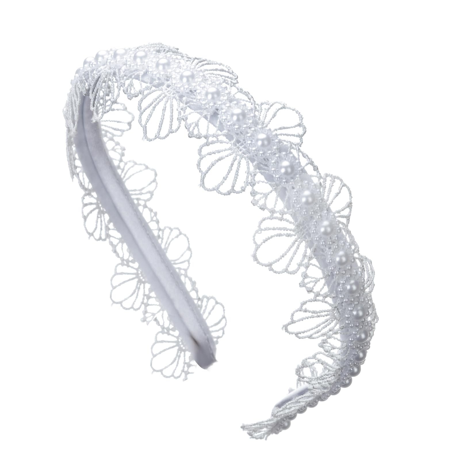 White Lace Pearl Floral Headband, First Communion Hair Accessory, Wedding Flo…