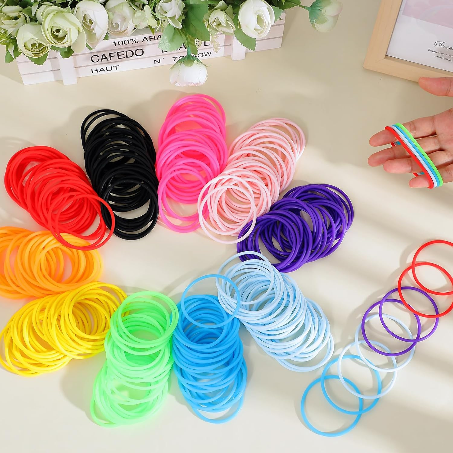 Hotop 100 Pcs 80S Multicolor Silicone Jelly Rubber Bracelets Hair Ties Women, Mi