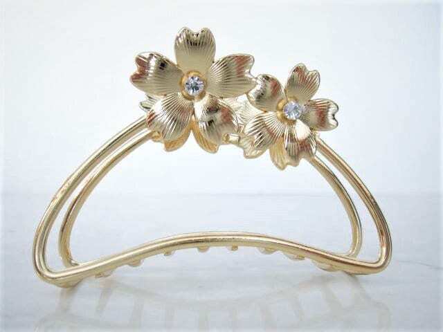Bronze rose gold silver tone metal hair claw clip with crystals and flowers