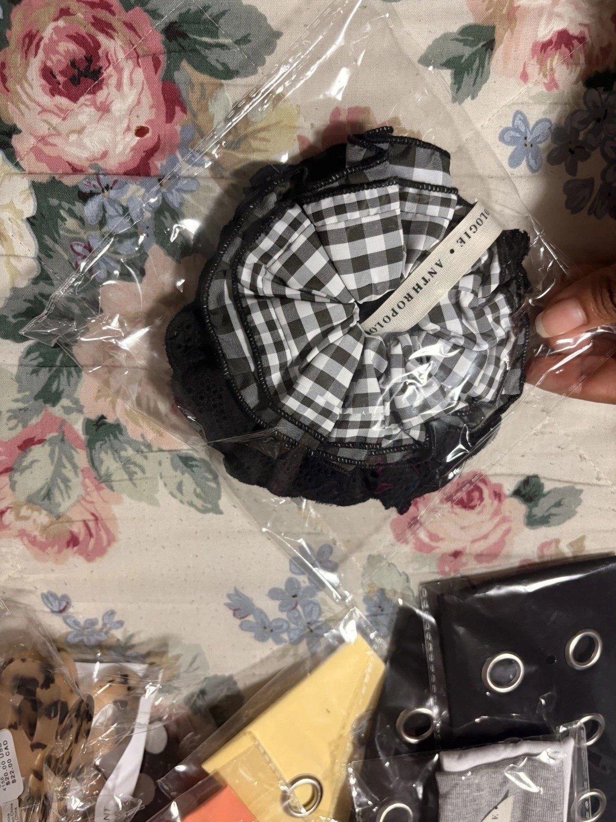 Anthropologie Women’s Black & White Gingham Lace Fabric Hair Scrunchie