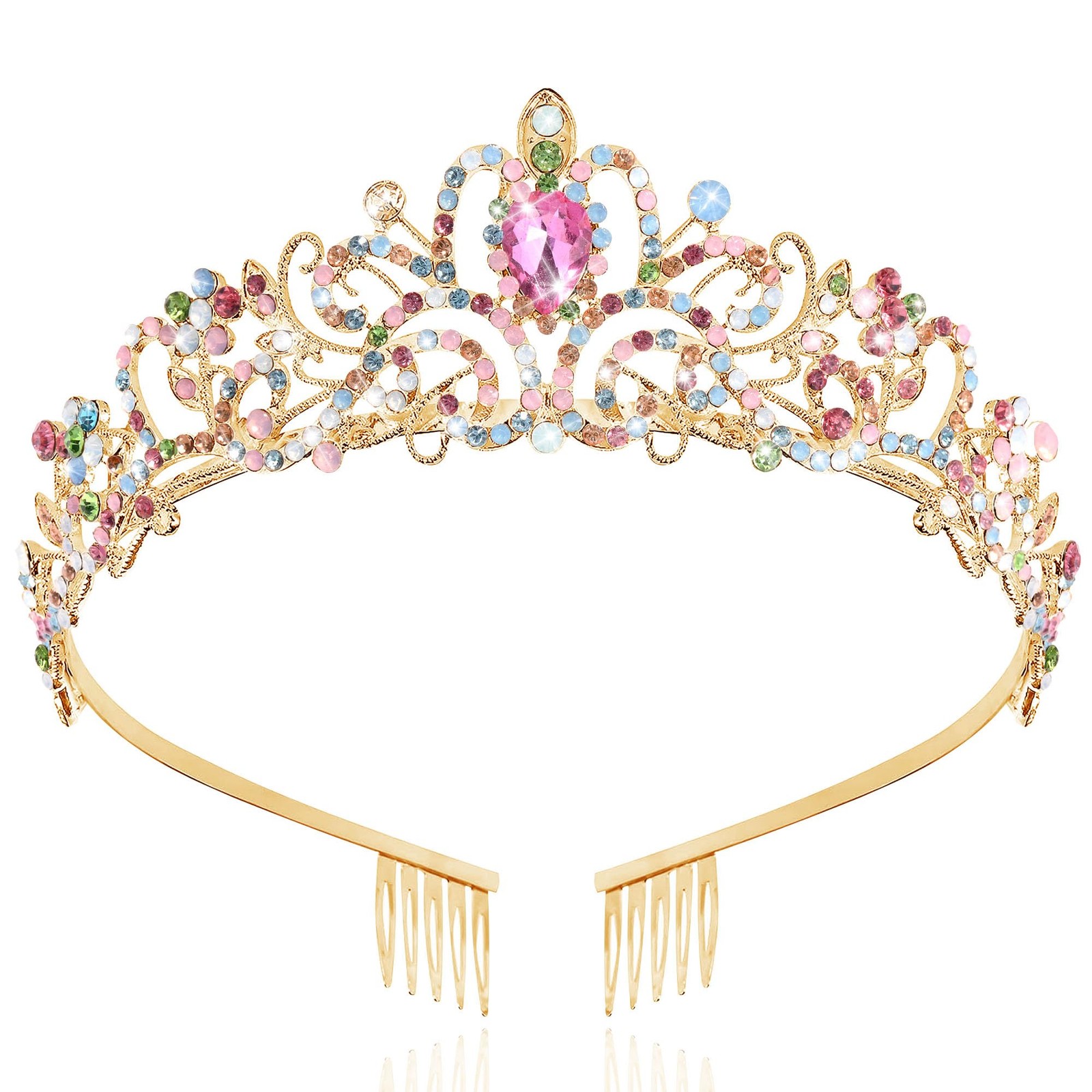 TAROSE Rainbow and Gold Crowns for Women, Queen Crystal Tiaras with Colorful …