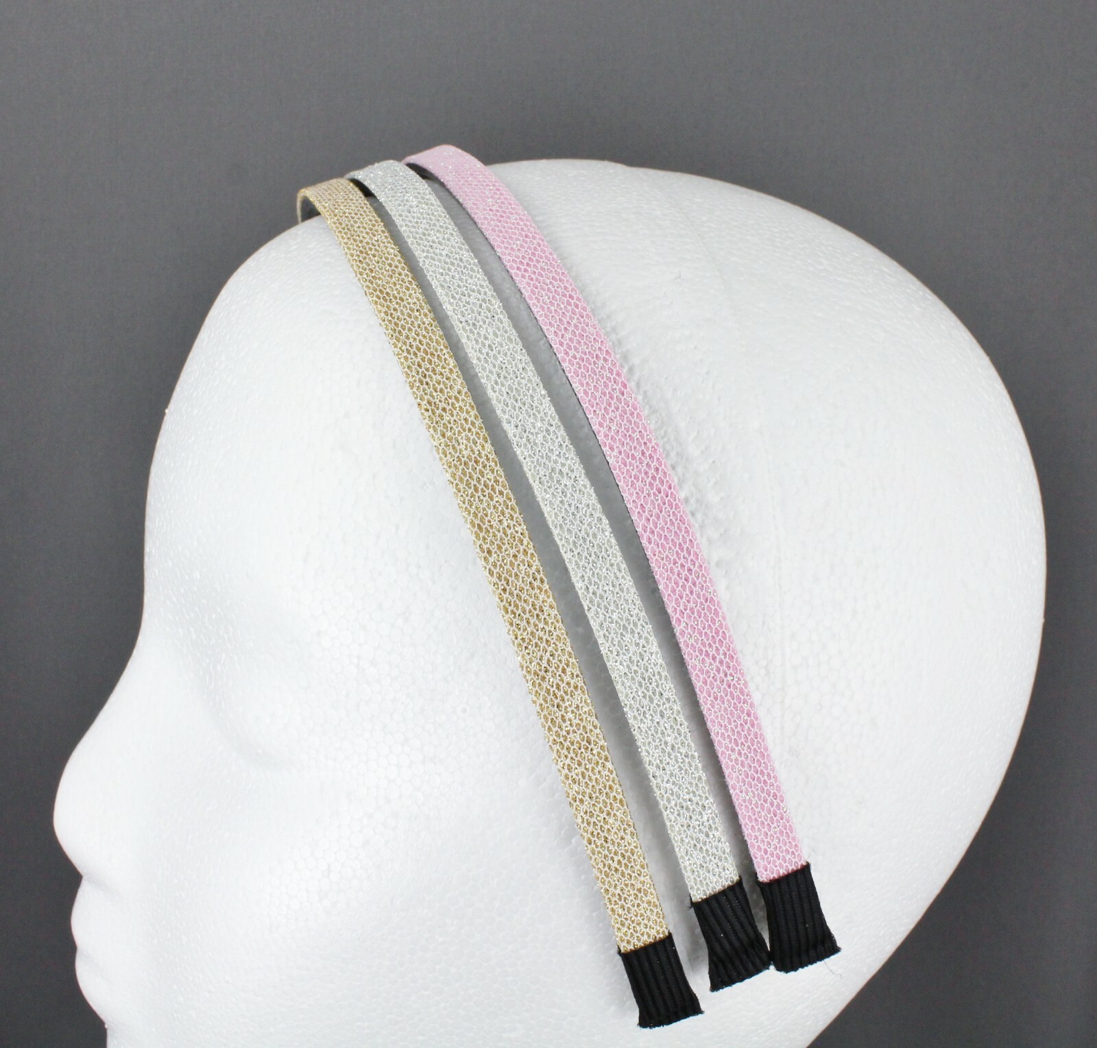 3 Gold Silver Pink sparkly headband hair band 1/4″ wide narrow skinny grip teeth